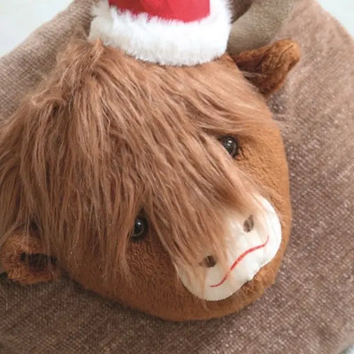 Highland Cow Christmas Cushion 45cm with Festive Santa Hat Design for Holiday Decor