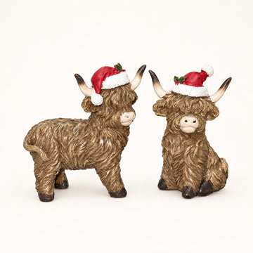 Mini Highland Cow Christmas Figurines, Set of 2