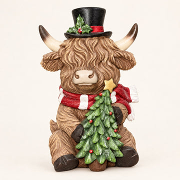 Highland Cow Christmas Figurine with Top Hat