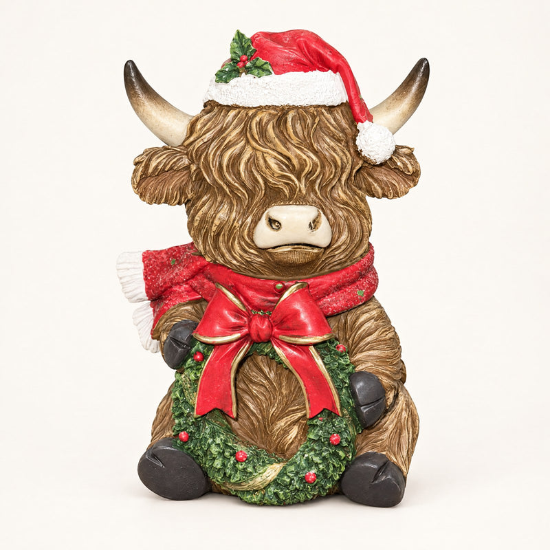 Highland Cow Christmas Figurine with Top Hat