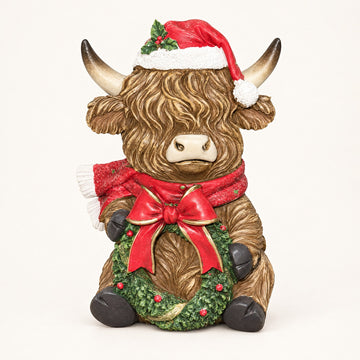 Highland Cow Christmas Figurine with Top Hat