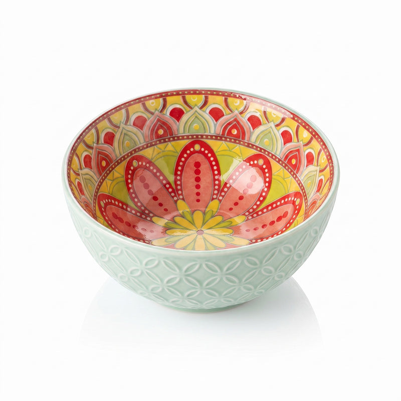 Green Bohemian mandala ceramic bowl, studio photo