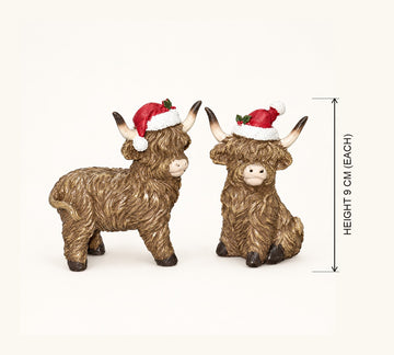 Mini Highland Cow Christmas Figurines, Set of 2
