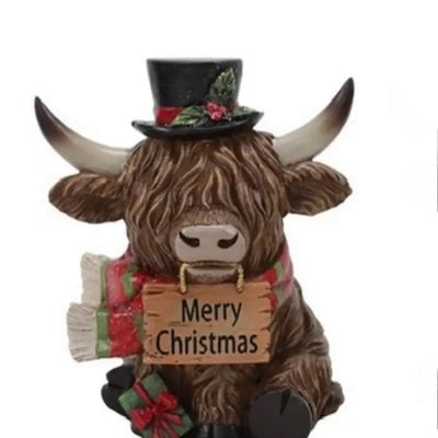 Highland Cow Christmas Figurines 14cm 2 Designs - Merry Christmas & Welcome Signs - 1 Item Per Order