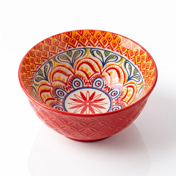Red Bohemian mandala ceramic bowl, studio photo