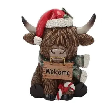 Highland Cow Christmas Figurines 14cm 2 Designs - Merry Christmas & Welcome Signs - 1 Item Per Order