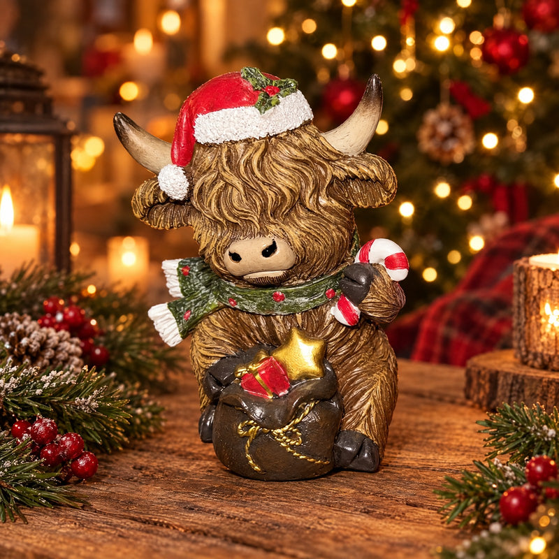 Highland Cow Christmas Figurine, Seated