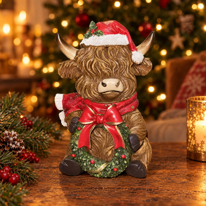 Highland Cow Christmas Figurine with Top Hat
