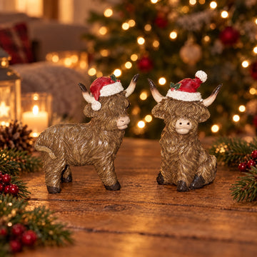 Mini Highland Cow Christmas Figurines, Set of 2
