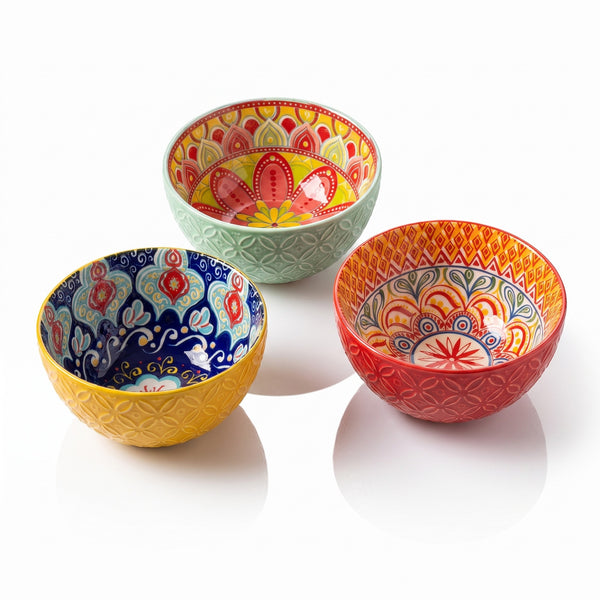 Set of three Bohemian mandala ceramic bowls, studio photo