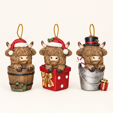 Highland Cow Christmas Ornaments, Set of 3