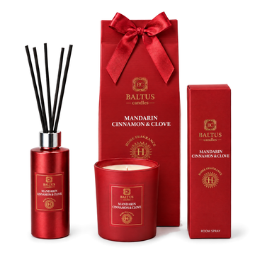 Baltus Luxury Gift Set in Mandarin Cinnamon & Clove, diffuser, candle and room spray
