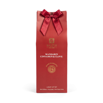 Baltus Luxury Gift Set in Mandarin Cinnamon & Clove, red gift bag