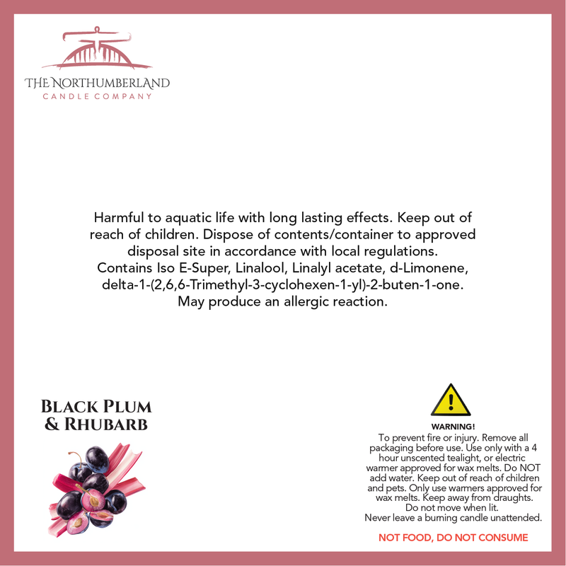 Black Plum & Rhubarb 50g Snap Bar - safety label, ingredients and warnings