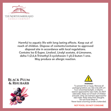 Black Plum & Rhubarb 50g Snap Bar - safety label, ingredients and warnings