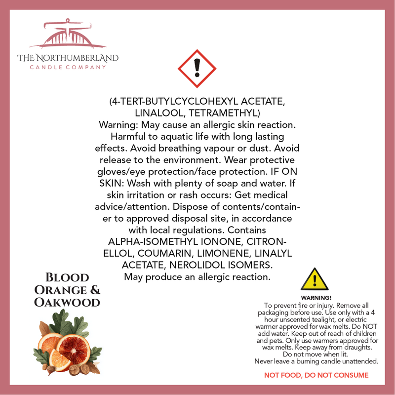 Blood Orange & Oakwood - safety label, ingredients and warnings