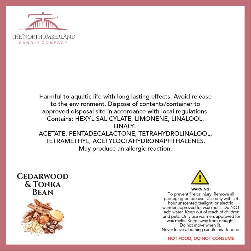 Cedarwood & Tonka Bean 50g Snap Bar - safety label, ingredients and warnings