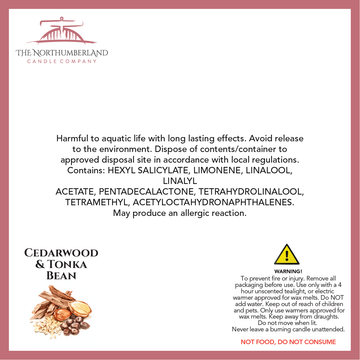 Cedarwood & Tonka Bean 50g Snap Bar - safety label, ingredients and warnings