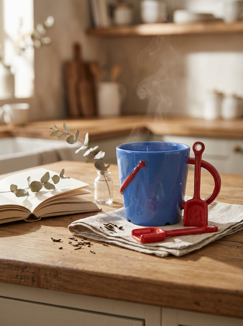 Ceramic Bucket Shaped Mug and Egg Cups with Spade Spoons Bundle