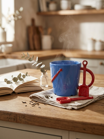 Ceramic Bucket Shaped Mug and Egg Cups with Spade Spoons Bundle