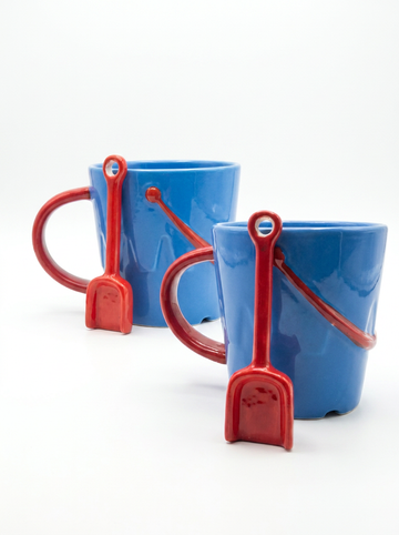 Ceramic Bucket Shaped Mug and Egg Cups with Spade Spoons Bundle
