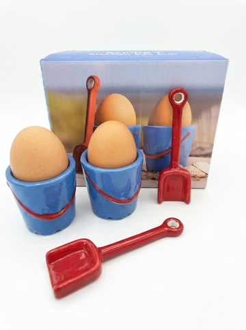 Ceramic Bucket Shaped Mug and Egg Cups with Spade Spoons Bundle