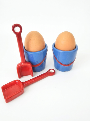 Ceramic Bucket Shaped Mug and Egg Cups with Spade Spoons Bundle