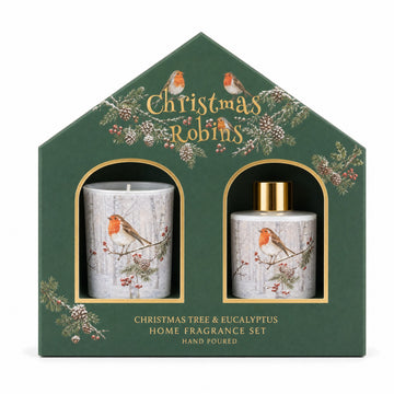 Christmas Robins mini candle and reed diffuser gift set in its gift box