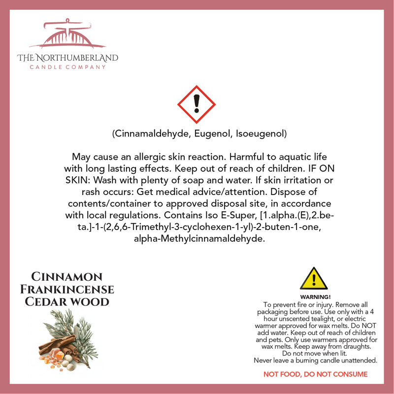 Cinnamon Frankincense & Cedarwood - safety label, ingredients and warnings
