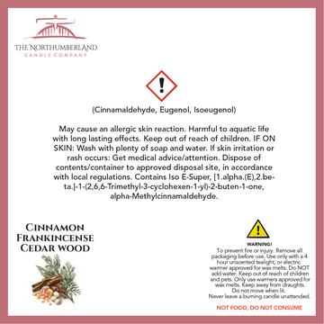 Cinnamon Frankincense & Cedarwood - safety label, ingredients and warnings
