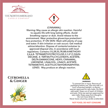 Citronella & Ginger - safety label, ingredients and warnings