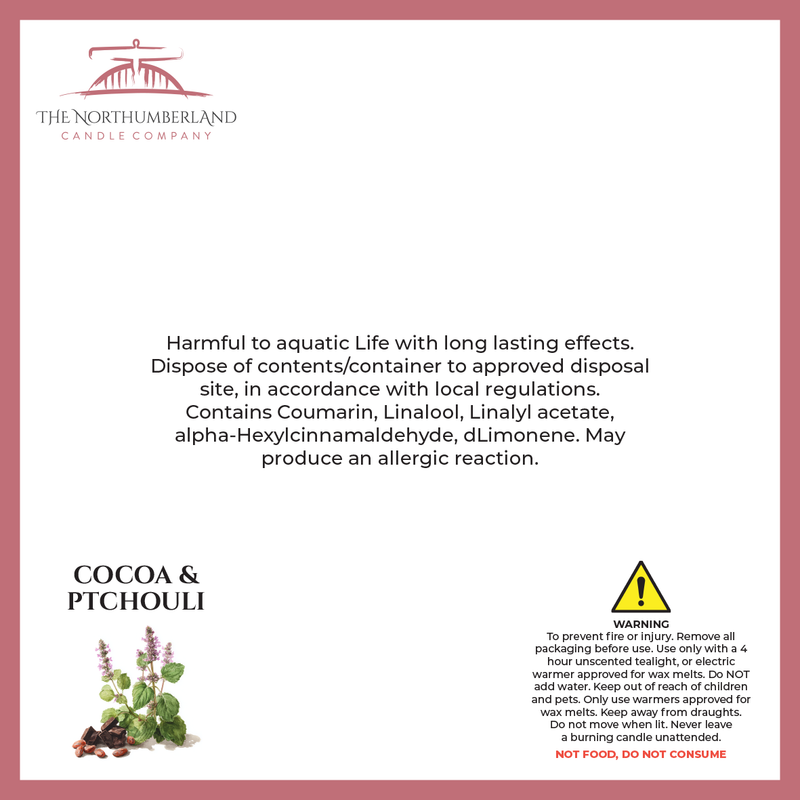 Cocoa & Patchouli 50g Snap Bar - safety label, ingredients and warnings