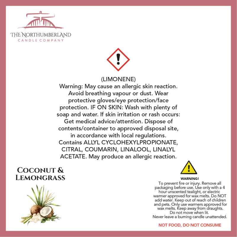 Cocunut & Lemongrass 50g Snap Bar - safety label, ingredients and warnings