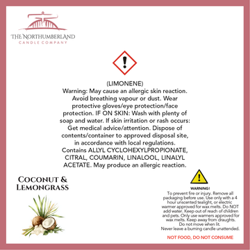 Cocunut & Lemongrass 50g Snap Bar - safety label, ingredients and warnings