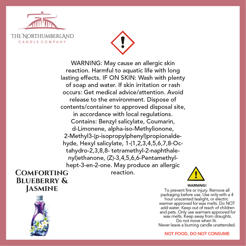 Comforting Blueberry & Jasmine 50g Snap Bar - safety label, ingredients and warnings