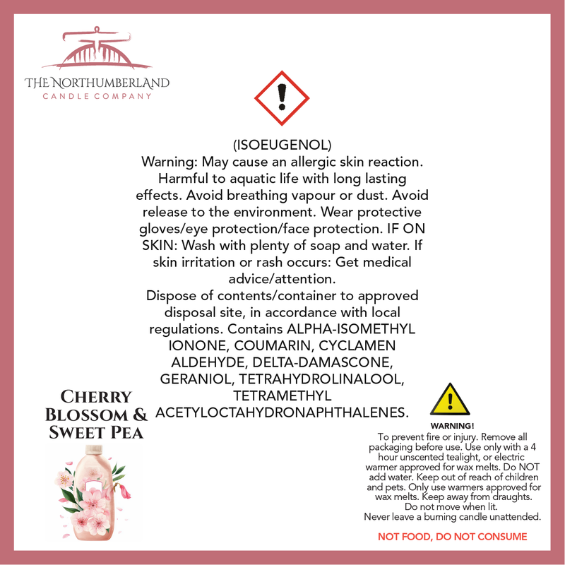 Cherry Blossom & Sweet Pea 50g Snap Bar - safety label, ingredients and warnings