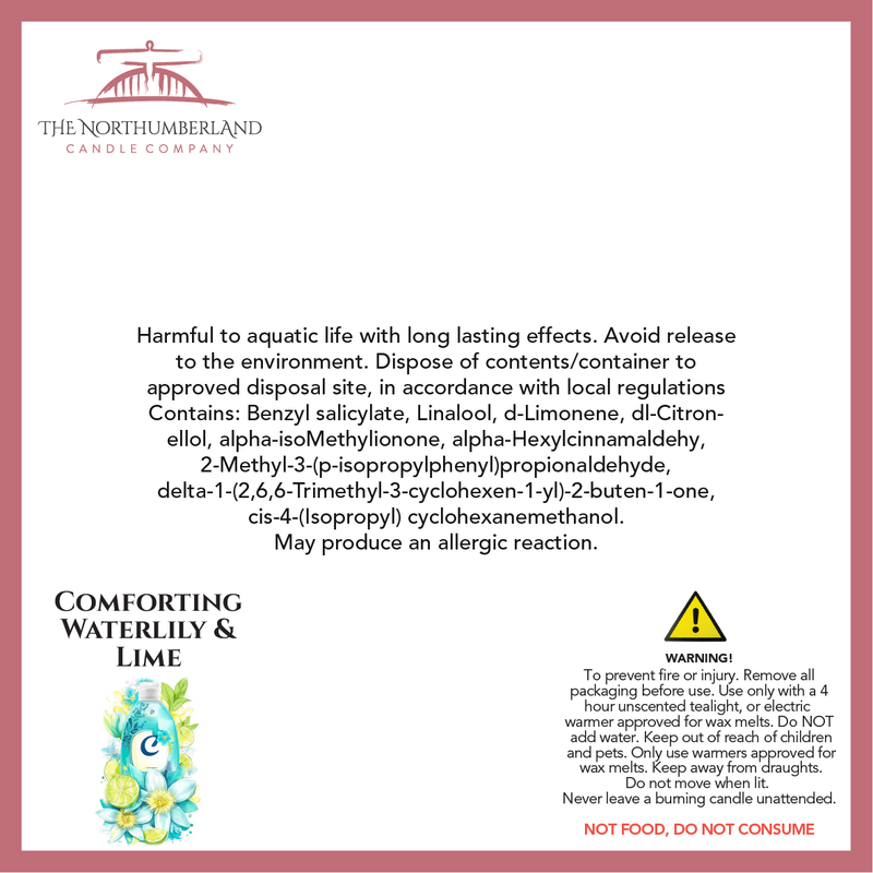 Comforting Waterlilly & Lime 50g Snap Bar - safety label, ingredients and warnings