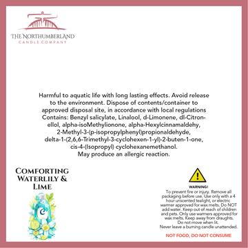 Comforting Waterlilly & Lime 50g Snap Bar - safety label, ingredients and warnings