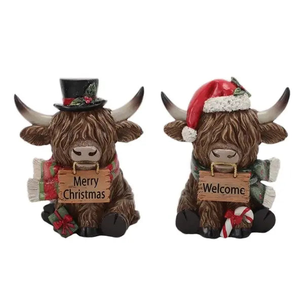Highland Cow Christmas Figurines 14cm 2 Designs - Merry Christmas & Welcome Signs - 1 Item Per Order