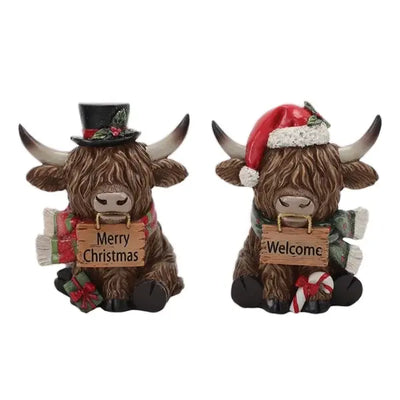 Highland Cow Christmas Figurines 14cm 2 Designs - Merry Christmas & Welcome Signs - 1 Item Per Order