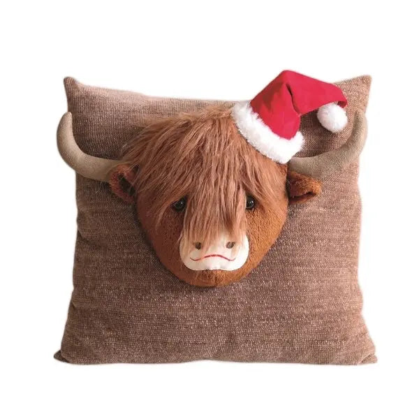 Highland Cow Christmas Cushion 45cm with Festive Santa Hat Design for Holiday Decor