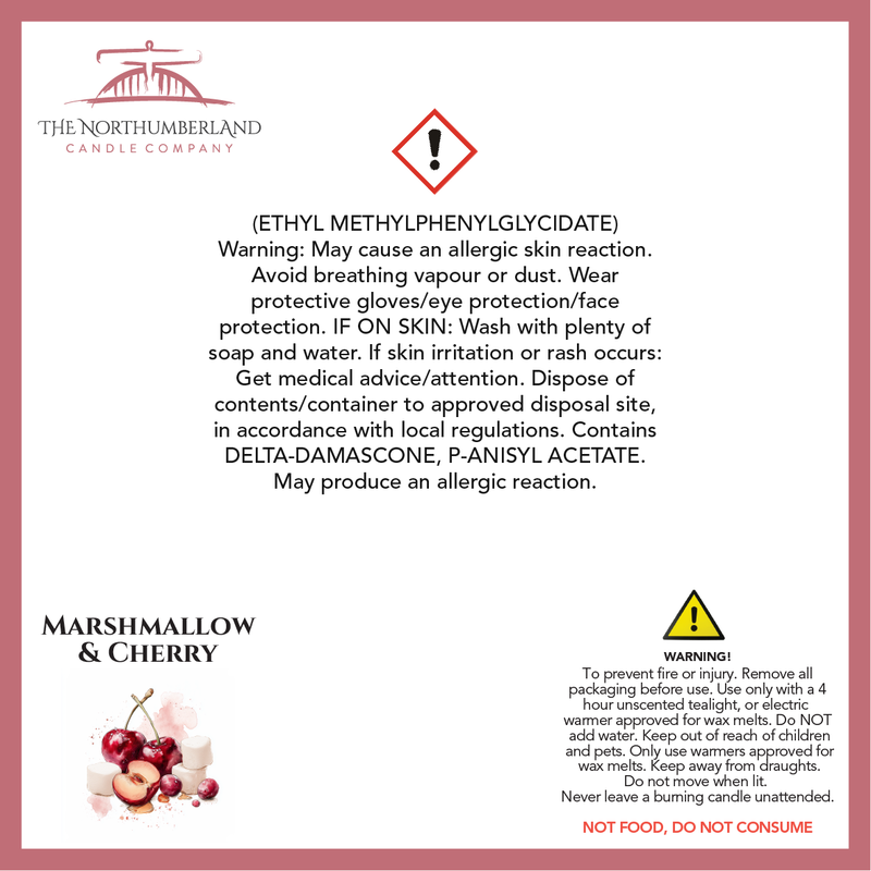 Marshmallow & Cherry 50g Snap Bar - safety label, ingredients and warnings
