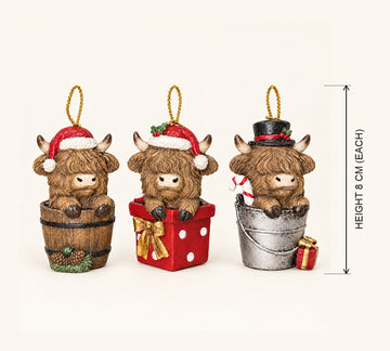 Highland Cow Christmas Ornaments, Set of 3