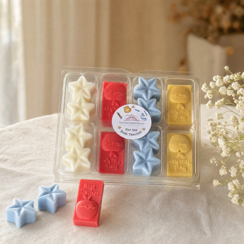 Teacher Mini Selection Wax Melt box styled on a table with loose melts