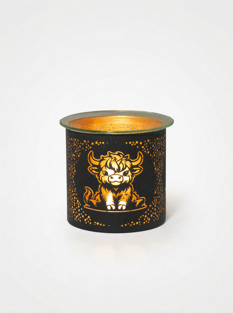 Black Highland Cow Metal Tealight Burner with lit tealight