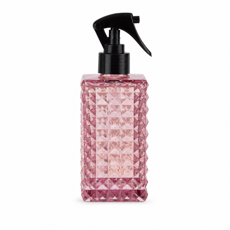 250ml Room Spray in Oud and Bergamot, deep pink diamond-cut glass bottle