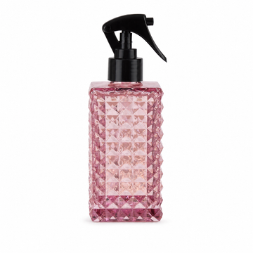 250ml Room Spray in Oud and Bergamot, deep pink diamond-cut glass bottle