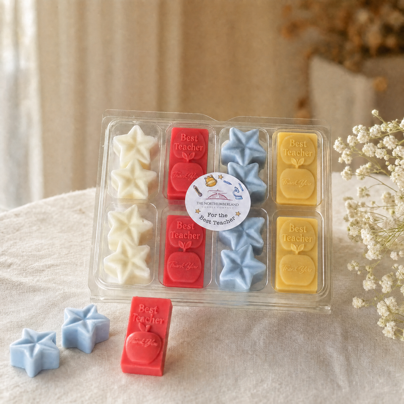Teacher Mini Selection Wax Melt box styled on a table with loose melts