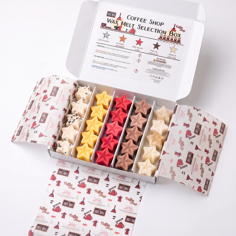Coffee Shop Wax Melt Selection Box open with lid label and tissue wrap