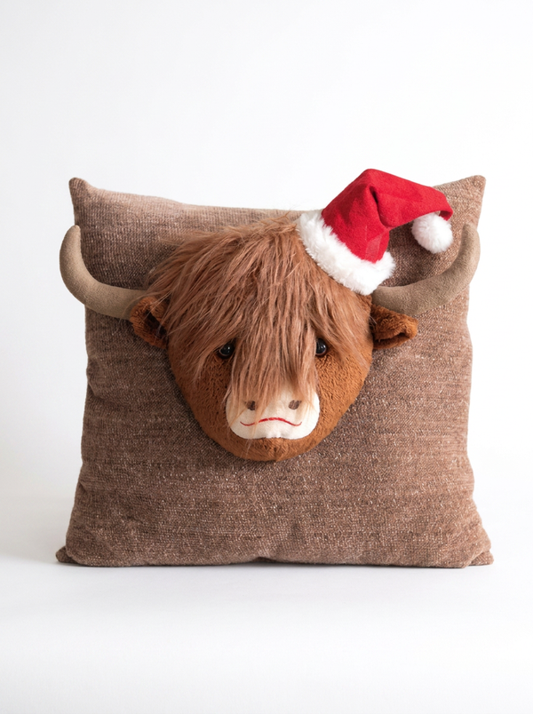 Highland Cow Christmas Cushion 45cm with Festive Santa Hat Design for Holiday Decor